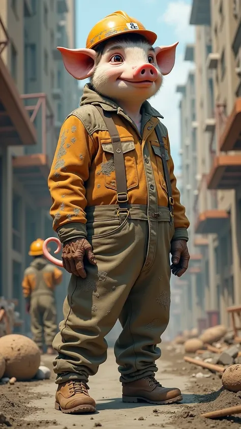 Make a character with a pig tail look like a human wearing a project helmet, was working in hotel construction and there was cement on his shoulders 