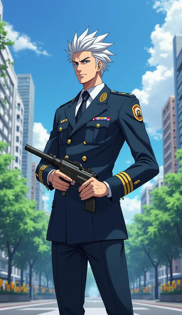 Gojo Satoru police uniform suit gun anime standings body park city sky blue beautiful 