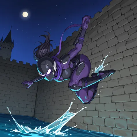 solo focus,Ninja dives into the water while escaping,Perfect anatomy,twist one's body,raise one knee,solo focus,Jumping dive into the water., night, castle walls.Water surface, Dynamic composition, active angles,