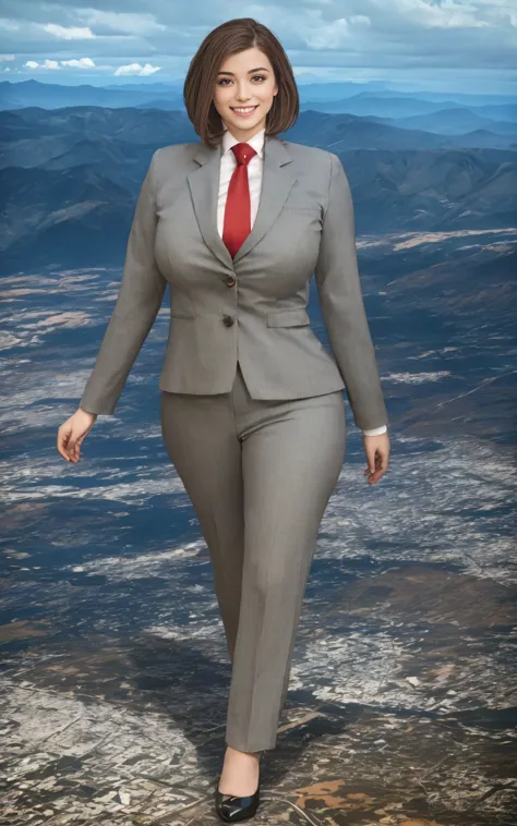 100 km tall giga giantic, curvy young lady with a beautiful smile, bigger than a giant city, curvaceous figure, massive beast, and very short blonde hair, with a curvaceous figure and massive natural breasts. wearing a tailored italian light grey pinstripe...