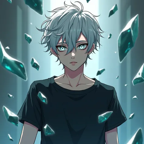  white hair,  rough cut short cut
white eyes
handsome, pretty
boy , high school student
black shirt
superpowers
broken glass