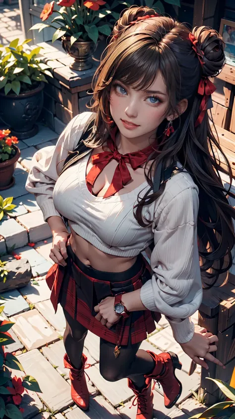  masterpiece, TOP QUALITY, Phemonica, hair bun, knitting,  red ribbon, black midriff jacket, black skirt,  red pantyhose,  upper body,  from above,  face down, ãã©ã¹ , watch viewers, fun, smile, garden 、twin tails、blue sky、 full body photo、 ankle boots、 ju...