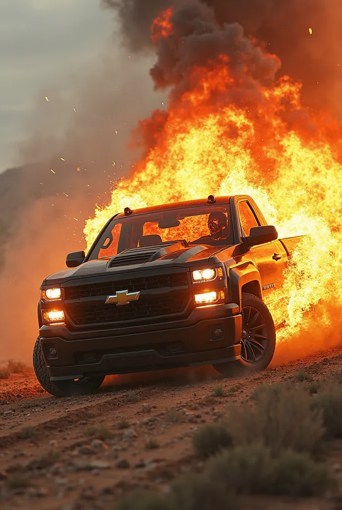 Marvel ghost rider riding a chevy truck on fire doing donuts 