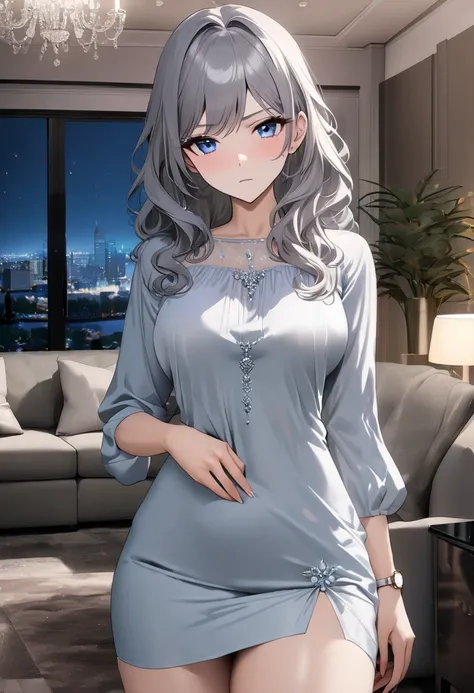 op quality, masterpiece, high resolution, 8k, (1 girl ), Alone, sexy, (cowboy shot), (((An expressionless married woman ))), Beautiful breasts, sexy nighty, (gorgeous American living room at night), milf, (((silver semi-long wavy hair))), ((( casual fashio...