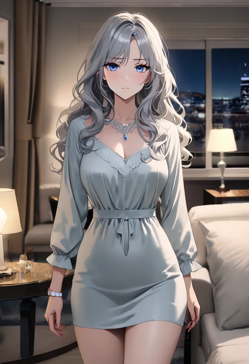 op quality, masterpiece, high resolution, 8k, (1 girl ), Alone, sexy, (cowboy shot), (((An expressionless married woman ))), Beautiful breasts, sexy nighty, (gorgeous American living room at night), milf, (((silver semi-long wavy hair))), ((( casual fashio...