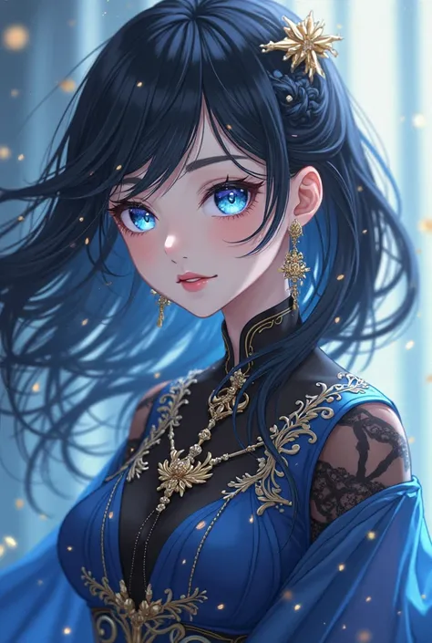 A girl, anime style, with black hair ,blue eyes, blue and black clothes and gold accessories. 