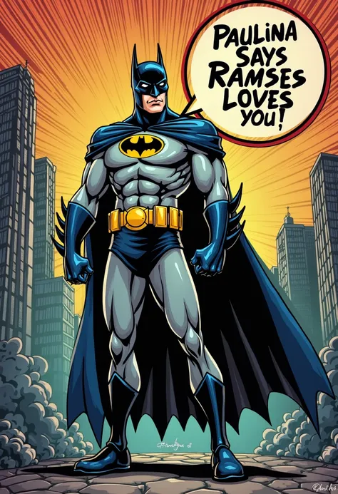 Create Batman with comic book style and with a text globe that says Paulina says Raamses loves you 