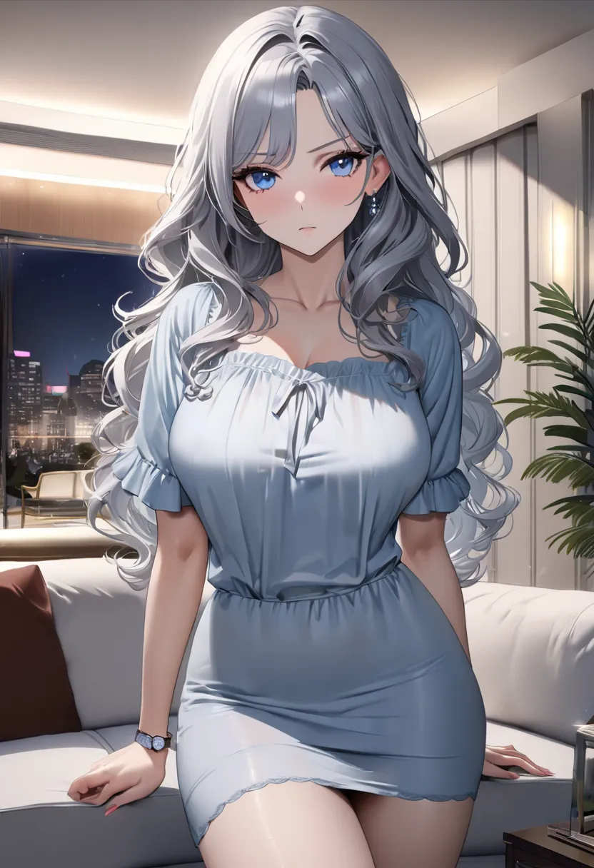 op quality, masterpiece, high resolution, 8k, (1 girl ), Alone, sexy, (cowboy shot), (((An expressionless married woman ))), Beautiful breasts, sexy nighty, (gorgeous American living room at night), milf, (((silver semi-long wavy hair))), ((( casual fashio...