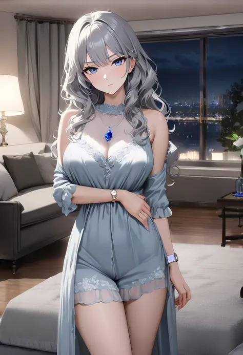 op quality, masterpiece, high resolution, 8k, (1 girl ), Alone, sexy, (cowboy shot), (((An expressionless married woman ))), Beautiful breasts, sexy nighty, (gorgeous American living room at night), milf, (((silver semi-long wavy hair))), ((( casual fashio...