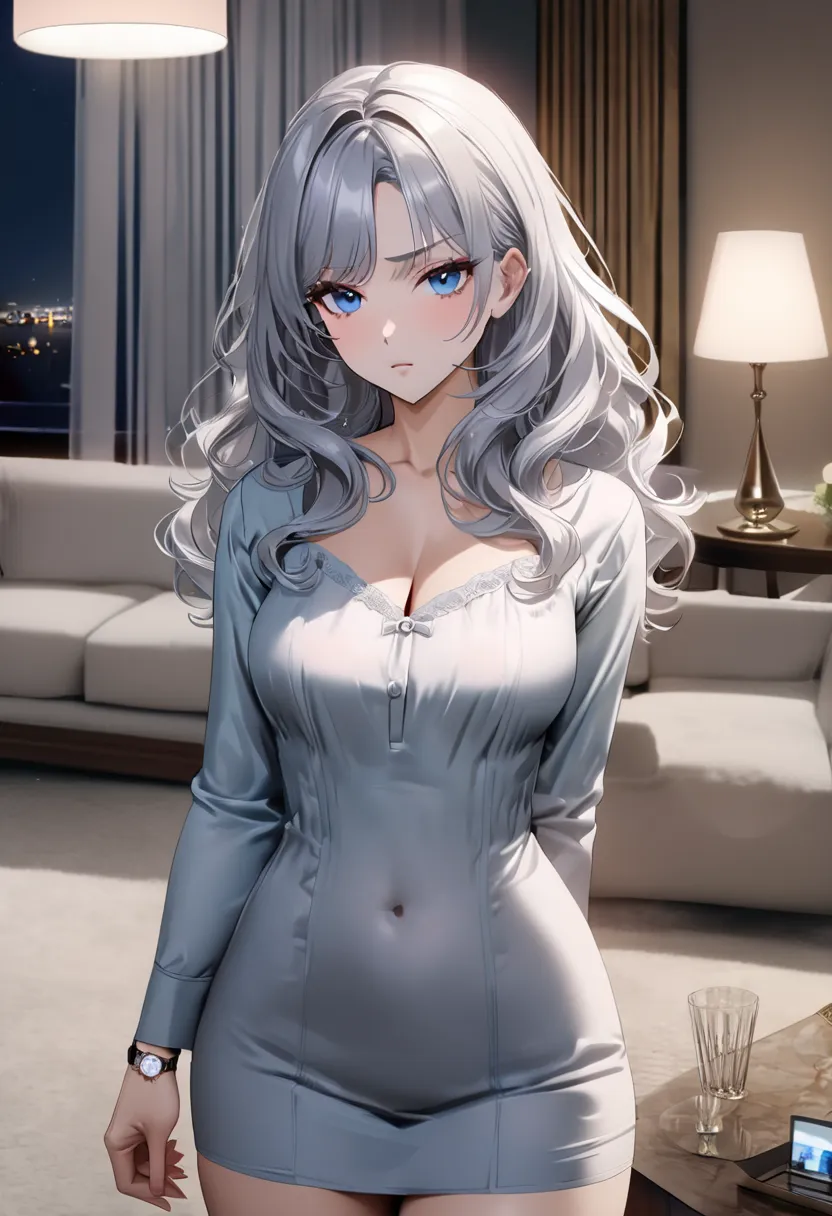 op quality, masterpiece, high resolution, 8k, (1 girl ), Alone, sexy, (cowboy shot), (((An expressionless married woman ))), Beautiful breasts, sexy nighty, (gorgeous American living room at night), milf, (((silver semi-long wavy hair))), ((( casual fashio...