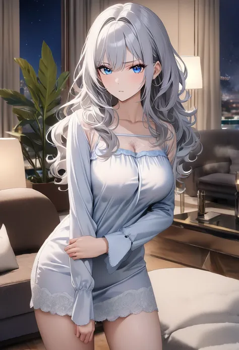 op quality, masterpiece, high resolution, 8k, (1 girl ), Alone, sexy, (cowboy shot), (((An expressionless married woman ))), Beautiful breasts, sexy nighty, (gorgeous American living room at night), milf, (((silver hair semi-long wavy hair))), ((( casual f...