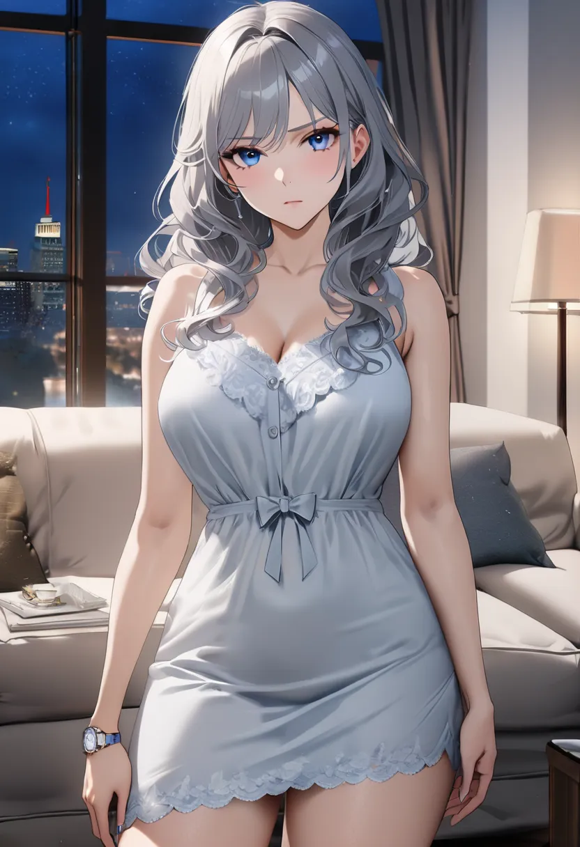 op quality, masterpiece, high resolution, 8k, (1 girl ), Alone, sexy, (cowboy shot), (((An expressionless married woman ))), Beautiful breasts, sexy nighty, (gorgeous American living room at night), milf, (((silver semi-long wavy hair))), ((( casual fashio...