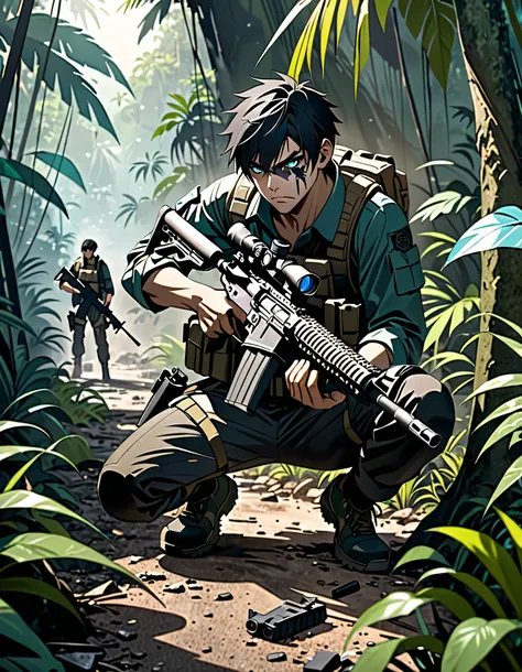 masterpiece, best quality, high res, highly detailed, 1boy, male focus, solo, solo focus, black hair, aquamarine eyes, monkey-human hybrid, mercenary (holding an AR-15 rifle, trigger on finger), crouching position, jungle backdrop, war zone, serious, grim ...