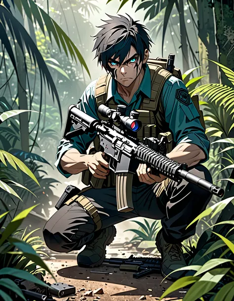 masterpiece, best quality, high res, highly detailed, 1boy, male focus, solo, solo focus, black hair, aquamarine eyes, monkey-human hybrid, mercenary (holding an AR-15 rifle, trigger on finger), crouching position, jungle backdrop, war zone, serious, grim ...