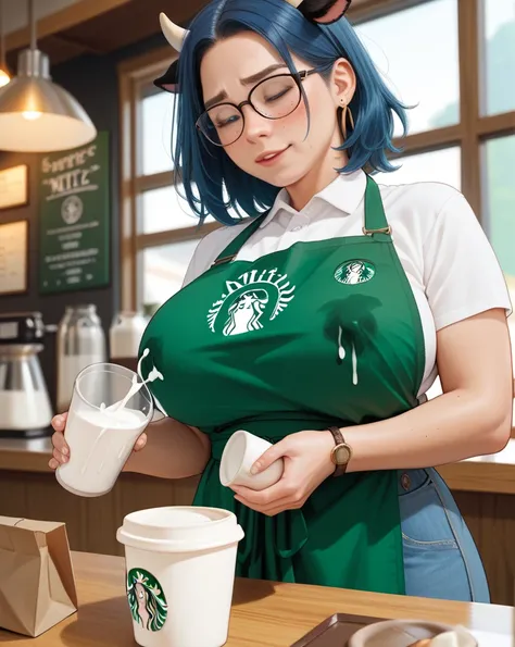 Starbucks , cow woman , Breast milk latte , nursing clothes , milk spot on nipple , Overflowing milk cup , boobs bag
, kawaii , coquettish