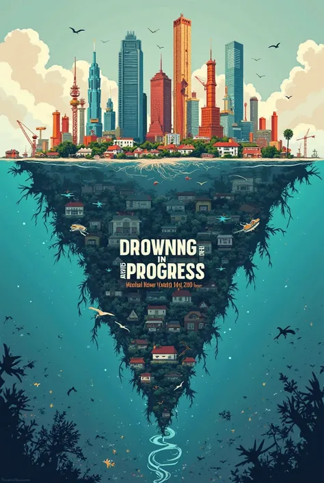 An upside-down-themed poster. The top half showcases a modern city with tall skyscrapers, cranes, and construction sites, symbolizing the land reclamation project. The bottom half, inverted, shows submerged communities with houses, people struggling in flo...