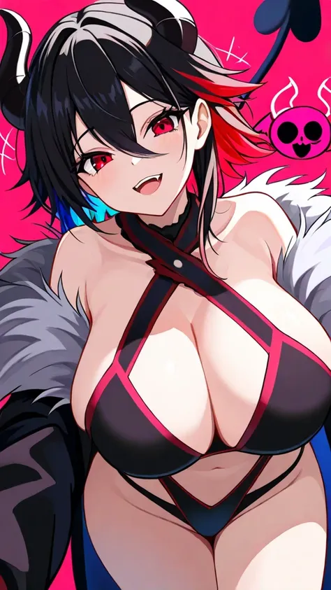 1 girl,  eyelashes, random expression:0.6, zitoida,multicolor hair,big breasts,  black hair,  hair between eyes, red eyes,masterpiece, TOP QUALITY,fur, chemo mimi,Alluring,Demon,Horn