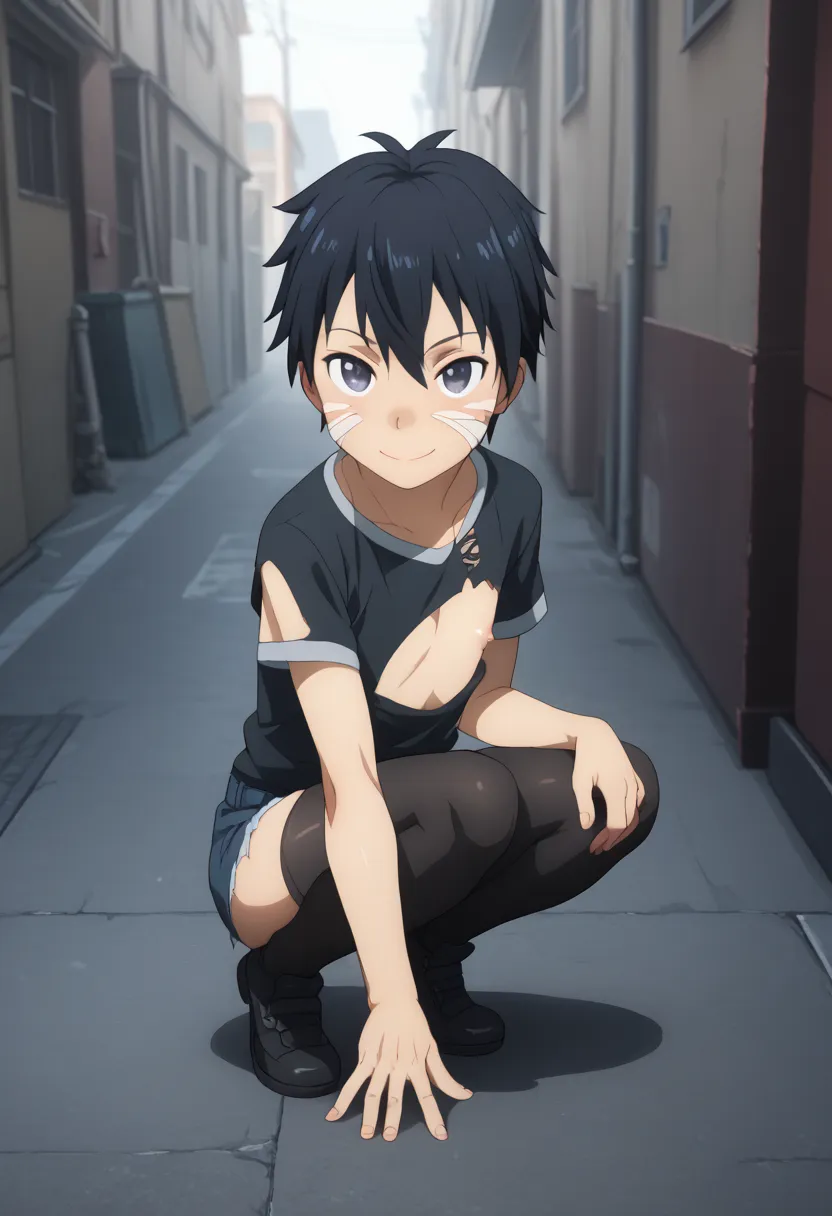 Kirigaya kazuto, black thighhighs, full body,street,squatting in alley,torn shirt,naughty face,looking at viewer,male focus,boy,shota,femboy,multiple boys, ageprogression,