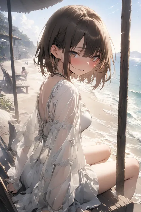 (masterpiece, detailed:1.2), One Girl, (18-years old), brown long Bob Cut, Medium Breasts, BREAK, Highest quality, sitting, BREAK, seaside terrace