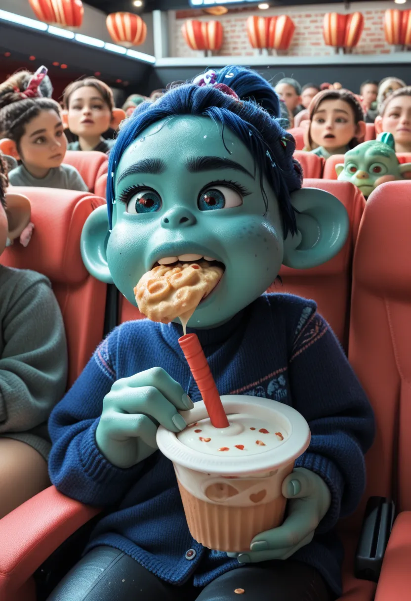 Chubby Gremlin girl creating chaos in a movie theater full of people watching the movie Gremlins,  behaving like the Gremlins from the movie,  eating and drinking  , getting wet after midnight, creating new Gremlins.