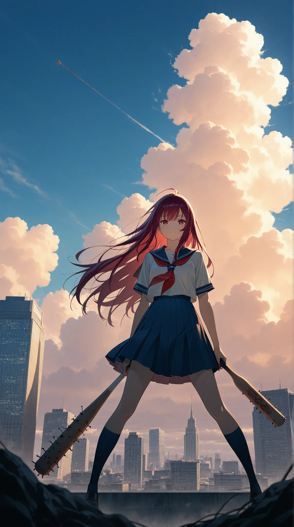 A high resolution photograph of girl in sailor uniform with long hair.
She stands with spread legs apart on the tokyo. She looks at the viewer that focusing her face, In the background is the beacon tokyo towers and building, The strong wind blows her hair...