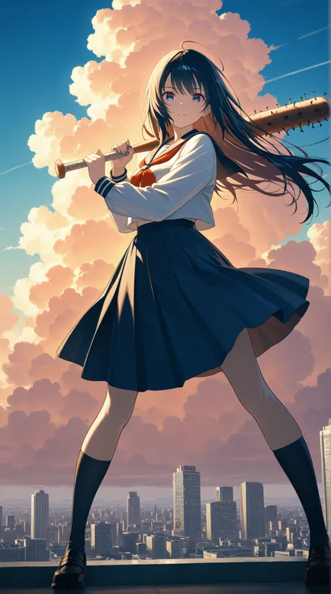 A high resolution photograph of girl in sailor uniform with long hair.
She stands with spread legs apart on the tokyo. She looks at the viewer that focusing her face, In the background is the beacon tokyo towers and building, The strong wind blows her hair...