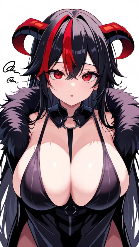 1 girl,  eyelashes, random expression:0.6, zitoida,multicolor hair,big breasts,  black hair,  hair between eyes, red eyes,masterpiece, TOP QUALITY,fur, chemo mimi,Alluring,Demon,Horn