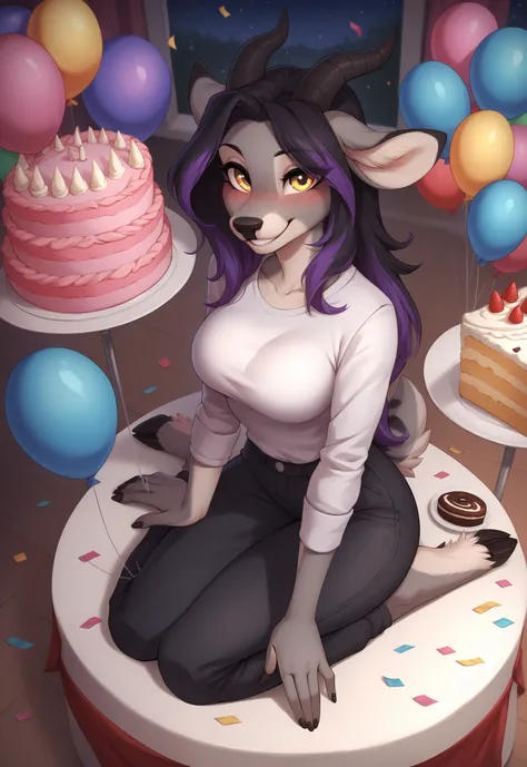 (4K HD Quality), score_9_up, score_8_up, score_6_up, anthro, solo, 1girl, female, furry, grey_antelope, horn, (grey fur), (grey body), multicolored hair, black hair, purple hair, long thick hair, yellow eyes, medium large breasts, 

deer tail, black side s...