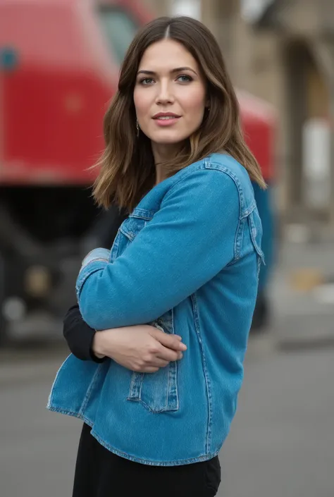 best quality, highres, 8k, masterpiece, photography, detailed midbody photorealistic portrait. Mandy Moore modelling a blue over-the-shoulder blazer for Vanity Fair photoshoot, styled braless to highlight her confident stance. The blazer is oversized and c...