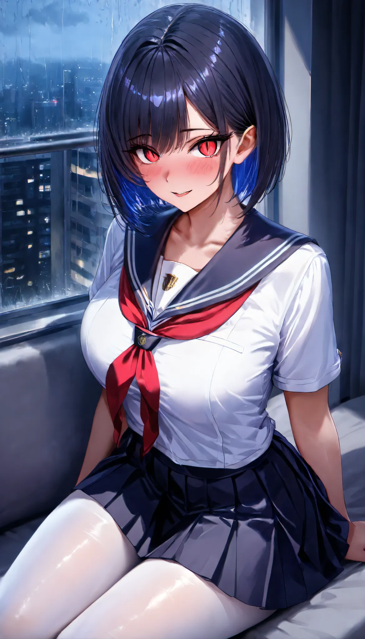 SOLO, A Female ,Perfect body, Shiny skin, (colored inner hair, short hair), Pink insect eye,red slit pupils, Sitting on a Lux Sofa Near the window, (Wearing A White Short sleeves JK Uniform), White Silk pantyhose, In An Apartment room, Yandere, Midnight, (...