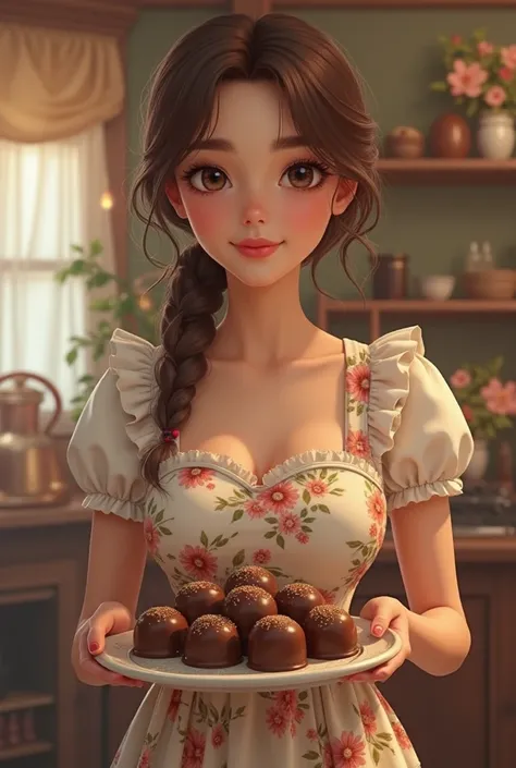 A young white lady with a macro body small breasts and a thin waist, Straight hair with some curls with a tray selling chocolate trunks, wearing a flowery apron.