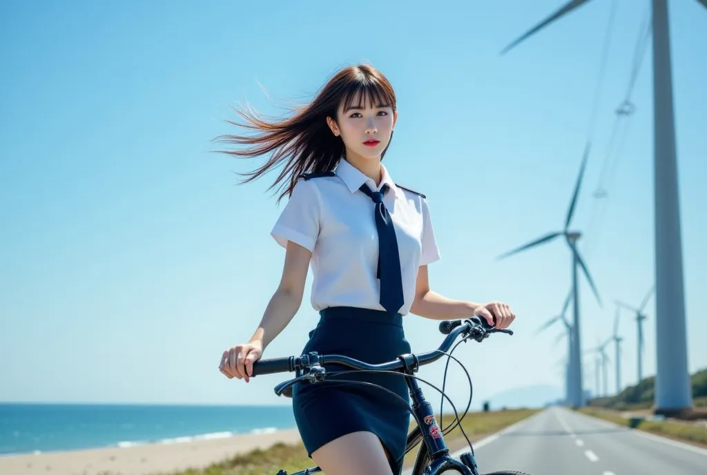 Sexy beautiful Japanese woman, a self defense officer uniform, wearing a white short-sleeved shirts, navy blue tie, navy blue pencil skirt, Black patent high heels, beautiful hip-line, Beautiful thighs, a woman is off her bicycle, a Woman gets off bicycle ...