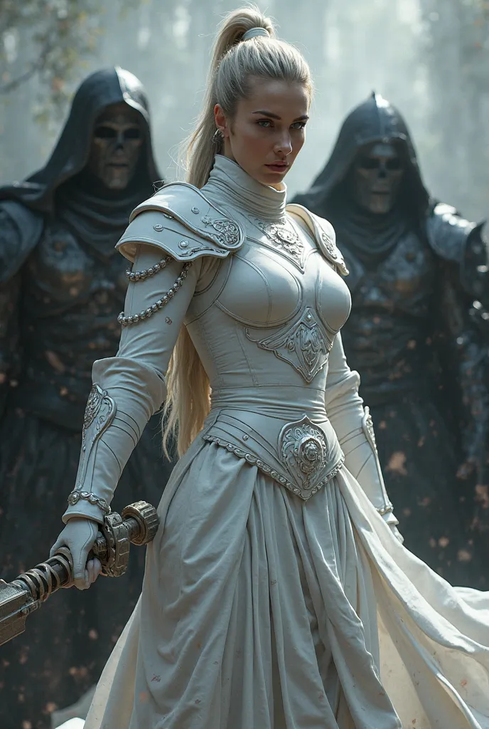 Can you create the same woman in a white warrior outfit fighting black figures