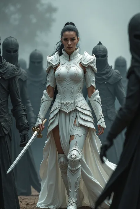 Can you create the same woman in a white warrior outfit fighting black figures