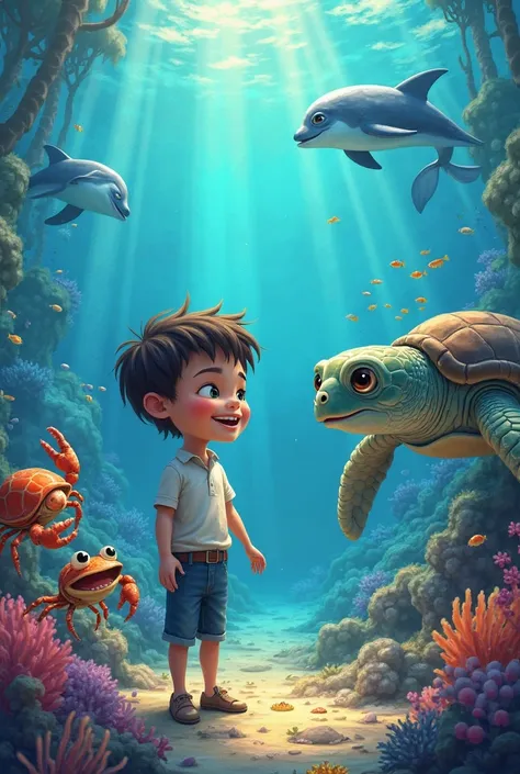 
Milo laughed with joy. He talked to crabs, dolphins, and even a big friendly turtle. They told him about life under the sea and the hidden treasures in the deep waters.