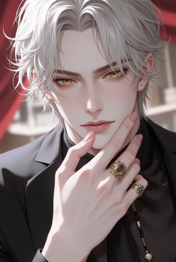  young man,Shirogane short hair,Golden Eyes, pretty face,I'm wearing a ring on the index finger of my right hand,Kiss the ring, elegant and elegant ,is anatomically correct,accurate,masterpiece,TOP QUALITY,is anatomically correct, high detail, very detaile...