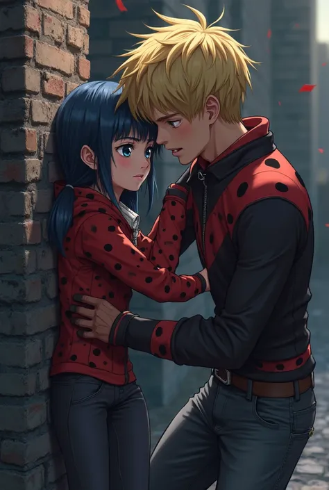 13 y/o Marinette Dupain-Cheng from Miraculous ladybug pinned to a wall by a blonde boy