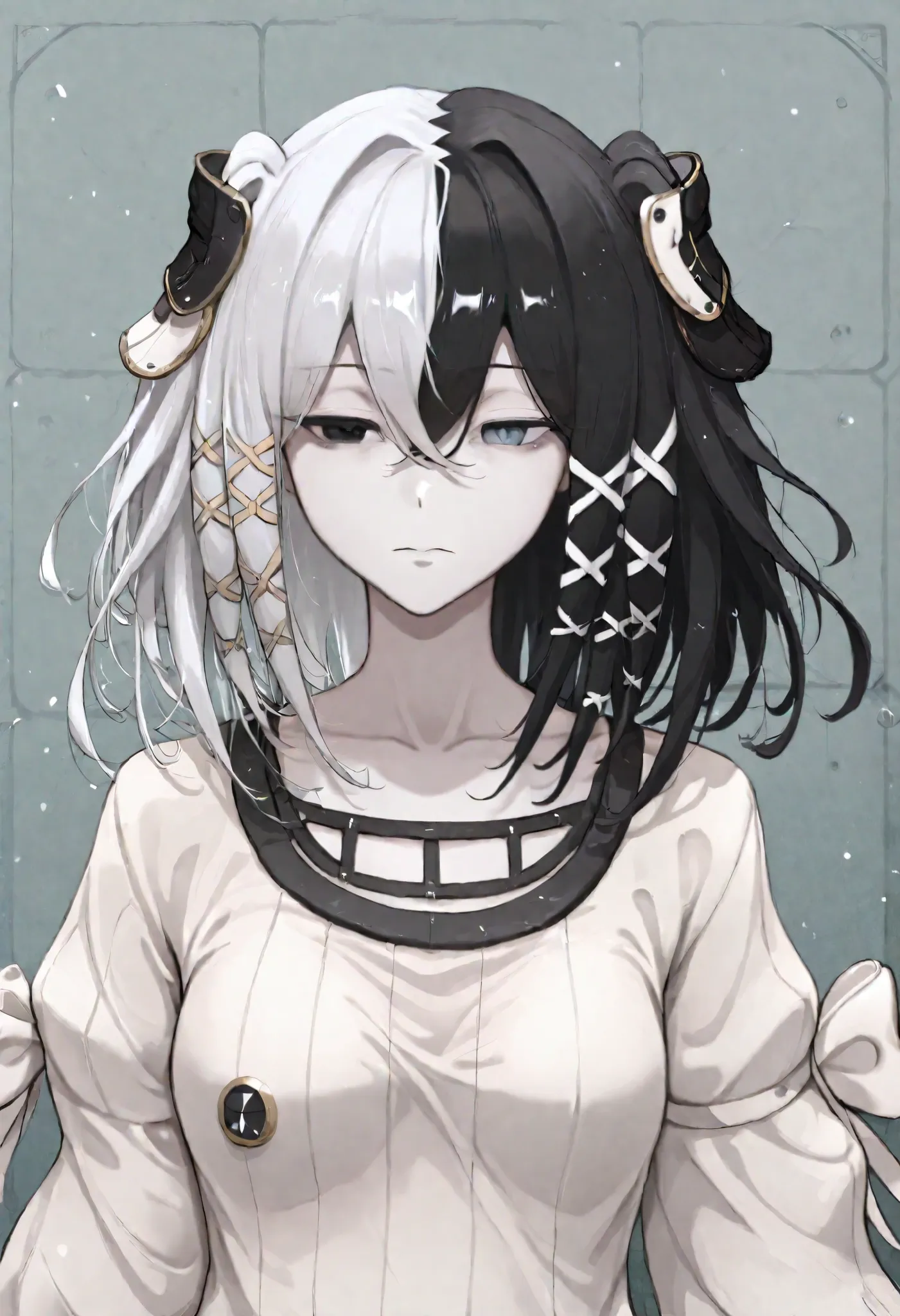 4nt1l3n3-h3r4n,
4nt1l3n3-h3r4n, 1girl, black hair, hair between eyes, white hair, hair ornament, black eyes, ribbon, hair ribbon, grey eyes, medium hair, heterochromia, medium breasts,