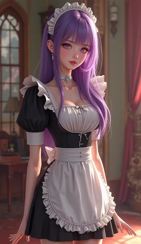 A girl in a maid outfit with purple hair purple eyes slim face long legs 