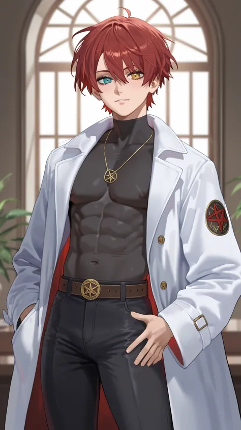 MASTERPIECE, BEST QUALITY, ULTRA DETAILED, HIGH DEFINITION, ILLUSTRATION, INTRICATE DETAILS, HYPER DETAILED, 1boy, thin, toned, short hair, red hair, heterochromia: right eye amber, left eye bright wine, pentagram pupil, black pants, brown belt, black shir...