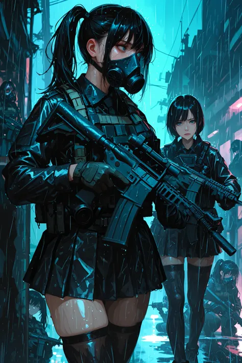 masterpiece, best quality, amazing quality, very aesthetic, multiple_girls, weapon, gun, rifle, assault_rifle, black_hair, 3girls, ar-15, thighhighs, rain, holding_gun, short_hair, holding_weapon, twintails, gloves, long_hair, holding, ponytail, gas_mask, ...