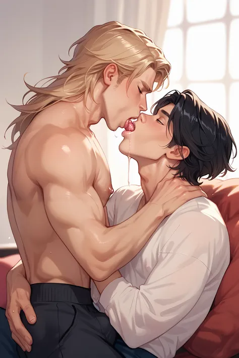 //2boys//, 1boy(long hair, black hair, lean body) kissing another 1boy(short hair, blond hair, lean body), french kiss, gay, precise detail, absurdres