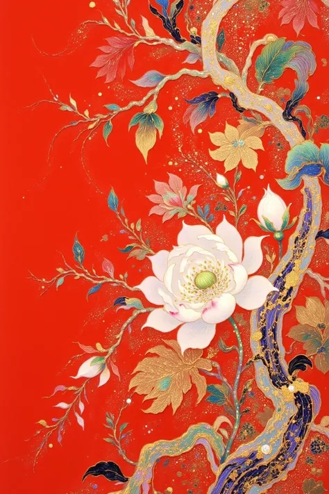 Closeup of a painting of flowers and vines on a red background,  Oriental Art Nouveau ,  inspired by Jakuchu Ito, Inspired by Yun Shouping, Received Kanō Motonobu,  is inspired by Katsushika Hokusai ,  inspired by Sotatsu Tawaraya , author： explore Kana
