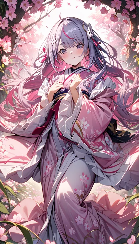 calm pink kimono,(large pink cherry blossom pattern), , long flower hair ornament,,  masterpiece, Top Quality, very well detailed,  complicated , Super Detail,  in more detail, petal background,