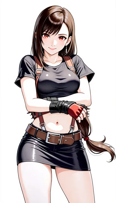 1girl, (super detail, best quality), (full body, standing), (wearing high cut sneakers), (facing to the left, looking upwards), (arms raised in air:1.3), extend arms straight out, (show palm:1.3), defTifa, red eyes, low-tied long hair, earrings, white crop...