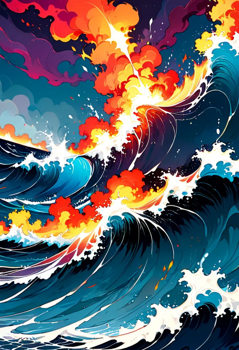 The image shows，The missile falls on the surface of the sea，the evocative splashes of water as if frozen in the air，to form a timeless picture，The background is a burning sky and rolling waves，The picture uses an expressionist style，with exaggerated colors...