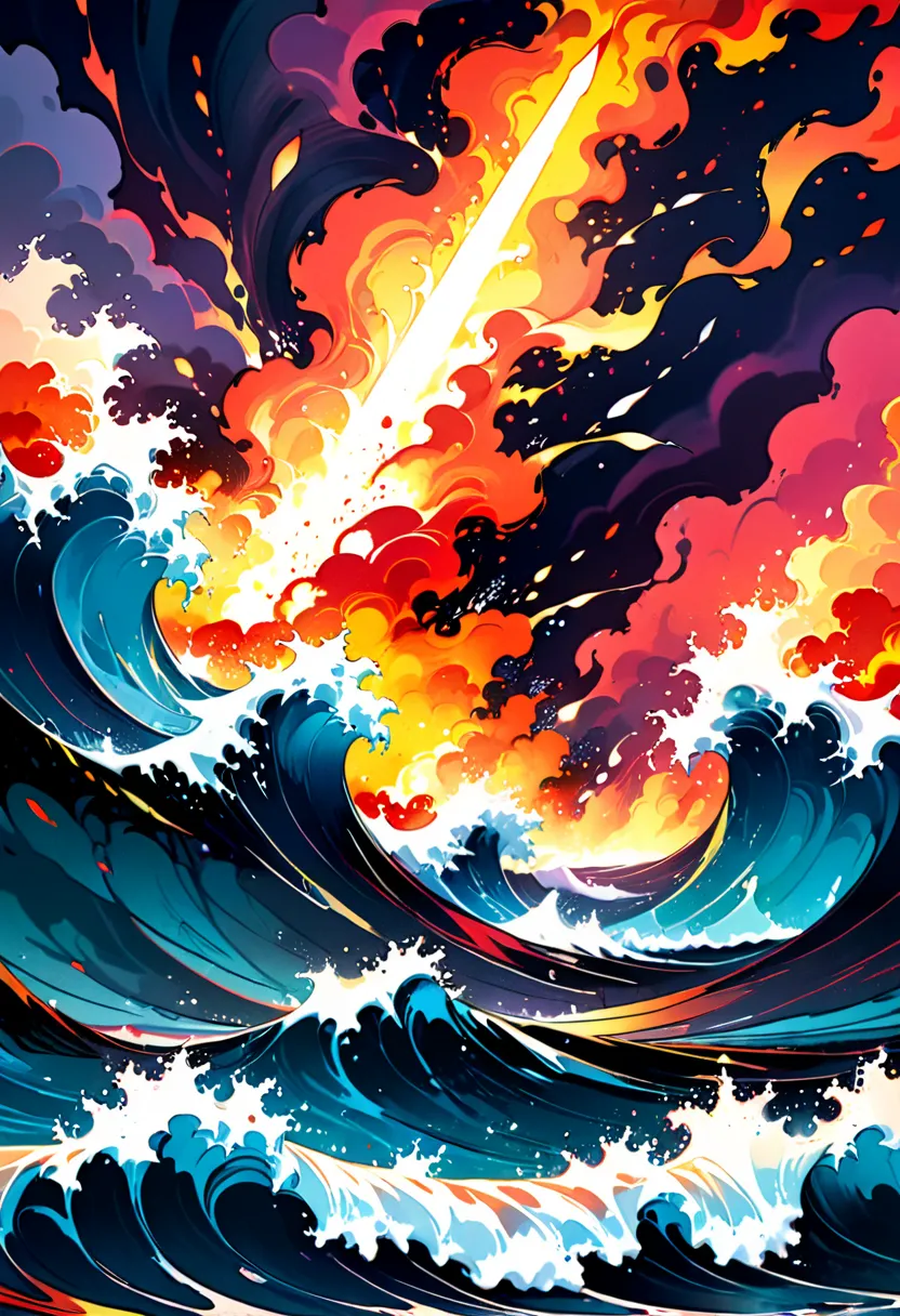 The image shows，The missile falls on the surface of the sea，the evocative splashes of water as if frozen in the air，to form a timeless picture，The background is a burning sky and rolling waves，The picture uses an expressionist style，with exaggerated colors...