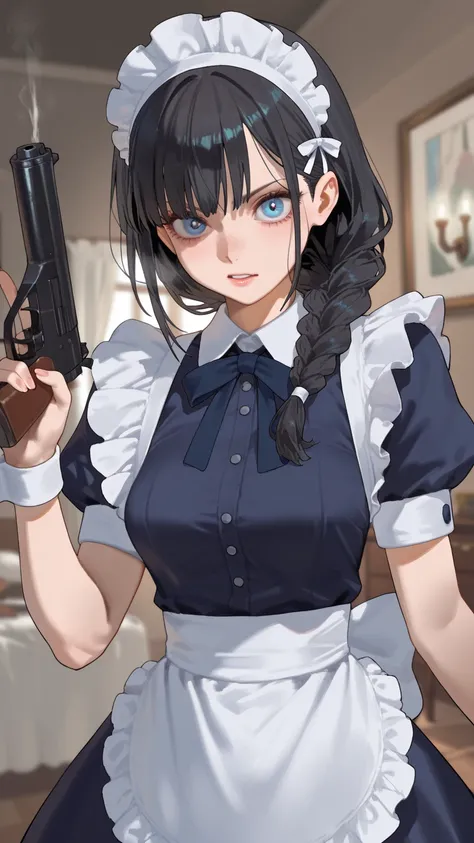 Black Haired Braided Maid , glass,  sharp eyes, No emotion,  Battle Scene with 2 Handguns　A personality with a dark atmosphere　 has poor eyesight