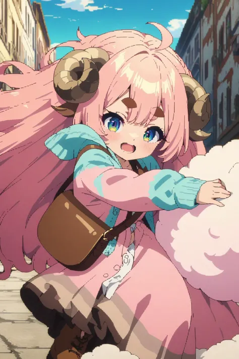 masterpiece, best quality, amazing quality, very aesthetic, high resolution, ultra-detailed, absurdres, newest, Anime screencap, highly detailed, high quality, Intricate:1.4, BREAK, (1girl, ひつじちゃん,  fluffy hair\long\pink, thick eyebrows:1.1, round sheep ho...