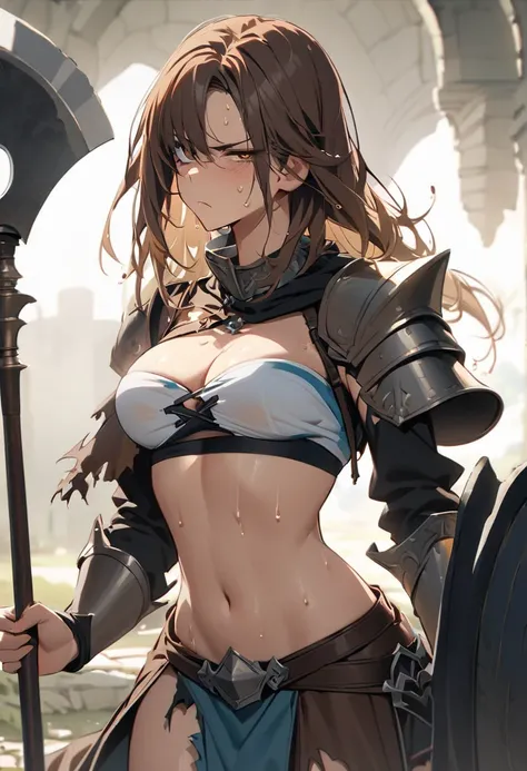 medieval fantasy, (two-handed axe {x} woman with brown hair), athletic, Pupils Symbol, very sexy, (warrior armor), training, injury ,  color makeup {x} torn clothing, sweat,  wet hair ,  Face to Face , Eye cover, 1 girl, Alone,  looking at the viewer, band...